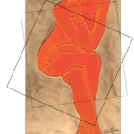 künstlerische Darstellung eines sitzenden Frauenkörpers in Orangetönen vor braunem Hintergrund umrahmt von Quadraten