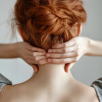 Kopf- und Nackenmuskelschmerzen bei einer Frau. Muskelhartspann und Migräneartiger Kopfschmerz - nicht selten Ursache einer Fehlhaltung und Fehbelastung.