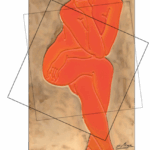 künstlerische Darstellung eines sitzenden Frauenkörpers in Orangetönen vor braunem Hintergrund umrahmt von Quadraten