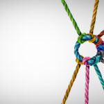 Das Bild zeigt mehrere Seile die in der Mitte in einem Ring zusammengeknotet sind. Es wird dominiert von den Farben Grün, gelb, rot, lila, blau und grau.